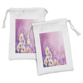 Lunarable Daisy Fabric Pouch Set of 2, Oil Painting Style Still Life Bouquet of Daisy Image with Soft Purple Shade Backdrop, Small Drawstring Bag for Toiletries Masks and Favors, 9" x 6", Multicolor