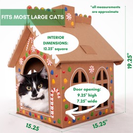 Gingerloaf House with Scratcher - Christmas Gingerbread Holiday Playhouse for Cats, Kittens, Rabbits, Bunny, with Giant Candy Sticker Sheet for Decorating