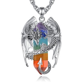 INFUSEU Crystal Dragon Necklace, Nordic Dragon Wrapped Cylinder Gemstone, Crystal Pendant, Hexagonal Healing Crystal Pendant, Gothic Natural Crystal Jewellery, Gift for Men and Women