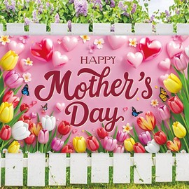 Happy Mother's Day Banner 120" x 20" Decorations Mothers Day Party Supplies Flowers Tulip Pink Photography Background Seasonal Holiday Backdrop for Indoor Outdoor Garden,Yard,Party Home Decorations