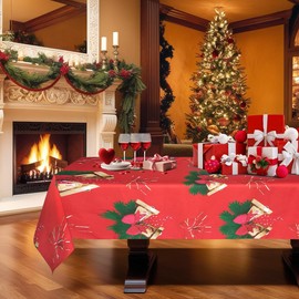 Christmas Table Cloth Rectangular Wipe Clean Tablecloths Rectangular Water Resistant Polyester Table Protector for Dining Room Tables Xmas Party Holiday Winter Home Decor, 60" x 84", Jingle Bell - Red