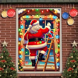 BlissYard Christmas Curtains Decorations 31x47 Inch Santa Claus Christmas Window Holiday Lights Display Banner Background For Doors And Windows Indoor Outdoor Christmas Festive Decoration
