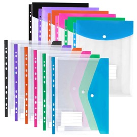 Plastic Wallets A4 Punched Pockets, 12 Pack Expandable Poly Pockets A4, Plastic Sleeves for Document Filing, Waterproof, Stationary Supplies for School, Office, Home, Travel