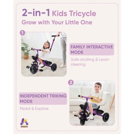 KRIDDO 2-in-1 Toddler Tricycle for Ages 18 Months to 5 Years Old - Extended Push Handle for Effortless Push, Gift Trike for Toddler 3 to 5 Year, Kids Tricycle with Foldable Front Footrest, Purple