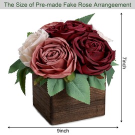 DIYDOFUN Dining Table Centerpiece Set of 6 - Pre-Made Aritifial Rose with Wooden Vase Fake Floral Arrangment Faux Flower for Wedding Bridal Tea Party Event Decorations - Burgundy & Dusty Pink
