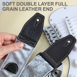 YIKOKO Guitar Strap 2 inch Velvet Guitar Straps with Full Grain Leather End, for Bass Electric and Acoustic Guitars, Free Strap Button, 2 Strap Locks and 4 Guitar Picks