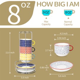 Selamica Ceramic Cappuccino Cups with Saucers and Metal Stand, 8 OZ Stackable Espresso Coffee Cups for Coffee, Latte, Americano, Tea, Set of 4, Assorted Colors