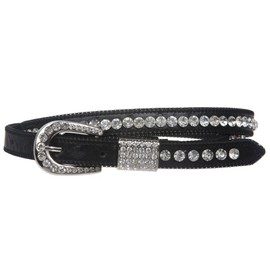 Womens 3/4" (20 mm) Western Cowgirl Rhinestone Studded Skinny Faux Ostrich Leather Belt, Black | S/M - 34