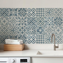 meihea 30 Pack,Modern Coastal Tile Decals, Blue Geometric Patchwork Peel and Stick Backsplash, Waterproof Vinyl for Walls, Stairs & Furniturer - 4x4 Inch