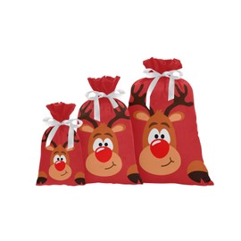 3 Pack Christmas Gift Bags, Drawstring Xmas Bag, Gift Wrapper Bag for Holiday and Parties Christmas Reindeer Christmas