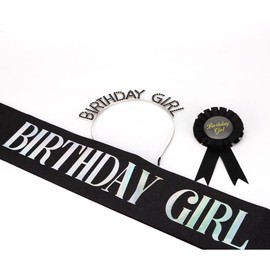 Ｎｏｏｎｈｏｒｓｅ Birthday Girl Sash for Women Birthday Tiara and Crown for Women Girls Headband Birthday Button Pins Princess Decoration Supplies Favor Gift Set Black, 3 Pack