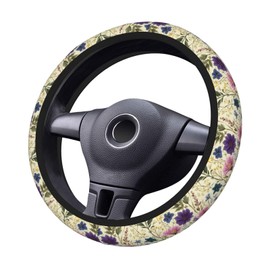 Indokyeyqaz Wildflower Yellow Purple Steering Wheel Cover For Women Men Girls, Car Accessories Decor Thickened Anti-Slip Auto Steering Wheel Covers Protector Universal Fit 15 Inch For Cars, Truck, Suv