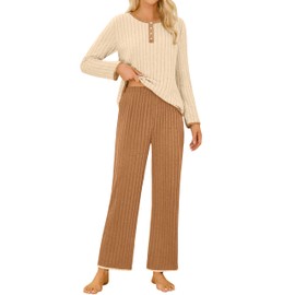 Blooming Jelly Womens Lounge Sets 2 Piece Pajama Sets Color Block Matching Set Sleepwear PJ Set 2025 Fall Outfits(Khaki,X-Large)