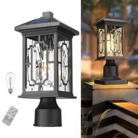Starcurin Solar Outdoor Post Light, Dusk to Dawn Aluminum Lamp Posts with Remmote,Waterproof Exterior Pillar Lantern with Water Ripple Glass for Pathway Garden Patio Gargae, 2700K LED Bulb Included