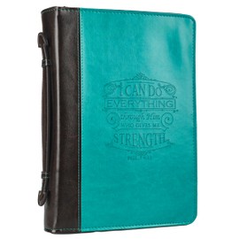 Christian Art Gifts Turquoise Faux Leather Bible Cover for Women | I Can Do Everything - Philippians 4:13 | Zippered Case for Bible or Book w/Handle, Medium