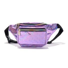 Festival Rave 80s Holographic Purple Glitter Fanny Pack Waist Belt Bag For Women, Girls - Purple