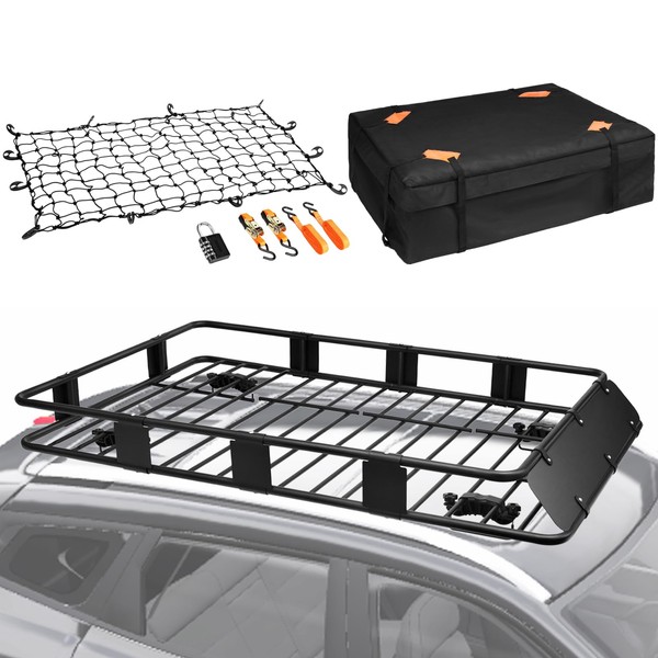 EDOSTORY 64"x 39"x 6" Universal 200LB Heavy Duty Roof Rack Basket with 15 Cubic Ft Waterproof Bag, Cargo Net, Ratchet Straps, Universal Rooftop Cargo Carrier Luggage Holder Fits for SUV, Truck