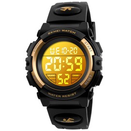 Alienwork Kids Digital Children's Watch Boys Girls Waterproof 5 ATM Sporty, Black/gold/multicoloured/rubber strap black, Strap.
