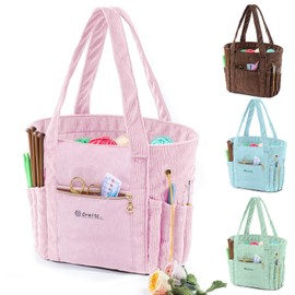 MYBAGZING Corduroy Crochet Bag 11.5" Large Yarn Storage Tote with Grommets, Needle Holders – Knitting Bag Organizer for Crochet Hooks, Accessories, Tools & Projects –Gift for Knitters & Crafters