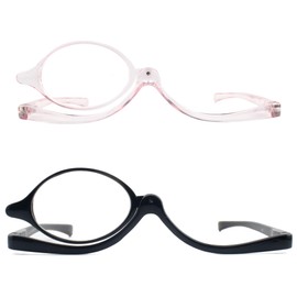 FEIVSN 2 Pack Makeup Reading Glasses for Women Flip Down Cosmetic Magnifying Readers Make Up Eyeglasses Spring Hinge, Black/Pink, 3.50