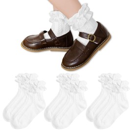 Mini angel Girls Ruffle Socks Frilly Lace Socks Cable Knit Princess Dress Socks for Little Kids Girls 4-6 Years, 3 Pairs (White, M)