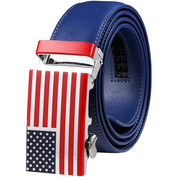 Falari Leather Dress Belt Ratchet Belt Holeless Automatic Buckle Adjustable Size 8001 (8172-USA Flag (Royal), Fit from 28 to 44")