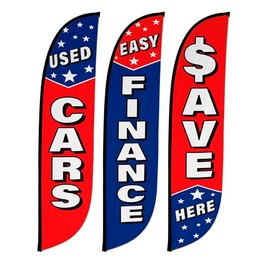 LookOurWay Feather Flag Bundle 3-Pack - 12 Feet Tall Advertising Flag Banner for Used Car Dealership Business Promotion - Flag Only, No Poles Included (Used Cars Stars, Easy Finance, Save Here)