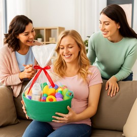 ShellKingdom Storage Basket with Handles, Empty Gift Basket with Gift Bags and Ribbon, Small Woven Baskets for Home, Nursery Storage Organizer, 12 X 8 X 5 INCH, Dark Green