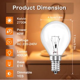 Liuyife Liuyife E14 G45 Backofenlampe, Dimmbare, E14 Ofenlampe 300 Grad Hitzebest?ndig, 45mm x 77mm, Warmwei? 2700K, G45 Globe Klar Lampen fr Ofen, Lava Lampe, 2 Stck