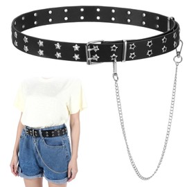 Black Studded Belt, Star Punk Rock Star Studded Leather Belt with Grommet Threads Bright Metal Pyramid for Women Men