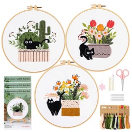 WIVLAX Embroidery Kit for Adults Beginners, DIY Stitch Craft Set with Floral Cat Pattern, Hoop, Thread & Needles, Starter Hand Flower Embroidery Kits for Adults, Sewing Gift Set for Women & Teens