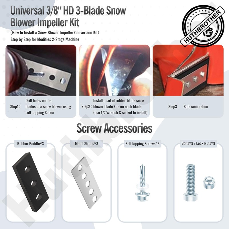 Snow Blower Impeller Modification Kit Universal 3/8" 3-Blade, for Modifies