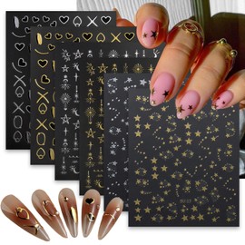6 Sheets Heart Nail Art Stickers Star Nail Decals 3D Self-Adhesive Shiny Star Nail Decoration Gold Silver Black Heart Star Moon Line Nail Designs Charms for Women Acrylic Manicure DIY Nail Decor