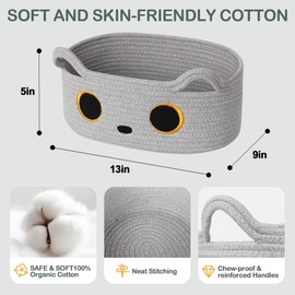 WILLITAT Gray Cat Toy Basket, Small Woven Cat Toy Storage Box with Cute Ears Handle Indoor, Cotton Rope Storage Bin with Embroidered Face for Home Decor, Pet Bed, Nursery Kids Room Organization
