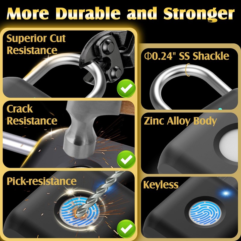 Fingerprint Padlock, Pothunder Smart Padlock, Locker Lock, Fingerprint Lock with