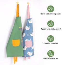 Figarge Kinderschürze Verstellbar Wasserdicht Schürze Kinder Kinderschürze mit Taschen für 3-10 Jahre Junge Mädche Kochschürze Kinder für Küche Kochen Grill Backen Malerei Party(Grün Dinosaurier)