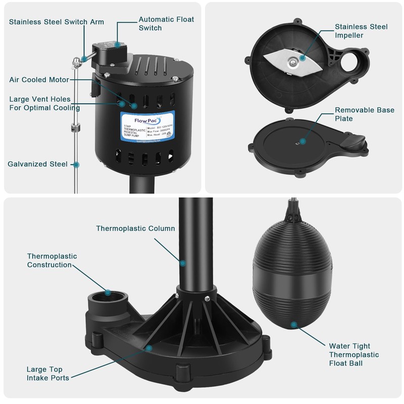 FLOWPAC Pedestal Sump Pump with Vertical Float Switch, Thermoplastic Pedestal,