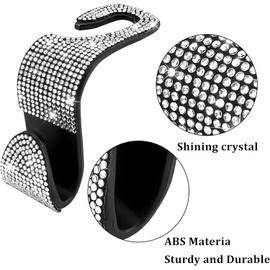 2PCS Car Seat Hooks, Bling Car Rhinestone Headrest Hooks, Universal Bling Car Interior Accessories for Handbag, Clothes, Purse, Water Bottle … (White)