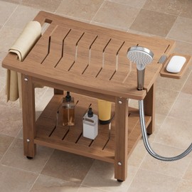 YEFU Shower Chair for Inside Shower: 21" Oversized Non-Slip Waterproof No Maintenance 500LBS Weight Capacity - Teak Shower Bench/Stool with Shelf Handle for Bathroom/Outdoor - Easy Assemble for Adult