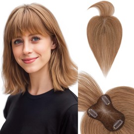 SEGO Human Hair Toppers With Bangs for Women Double-Layer Hand-stitched Thinning Hair Toppers 360°3D Coverage Hairpieces Clip on Bangs,11inch #06 Dark Linen,20g