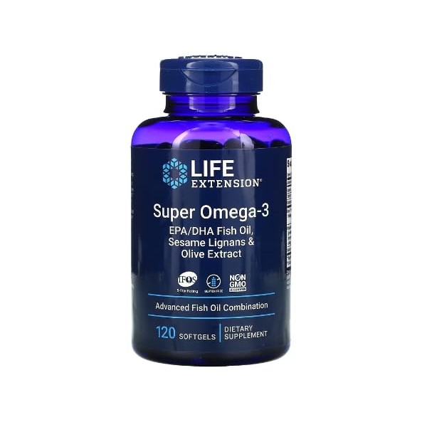 Life Extension, Super omega-3, Aceite de pescado con EPA y DHA, lignanos de sésamo y extracto de olivo, 120 cápsulas blandas