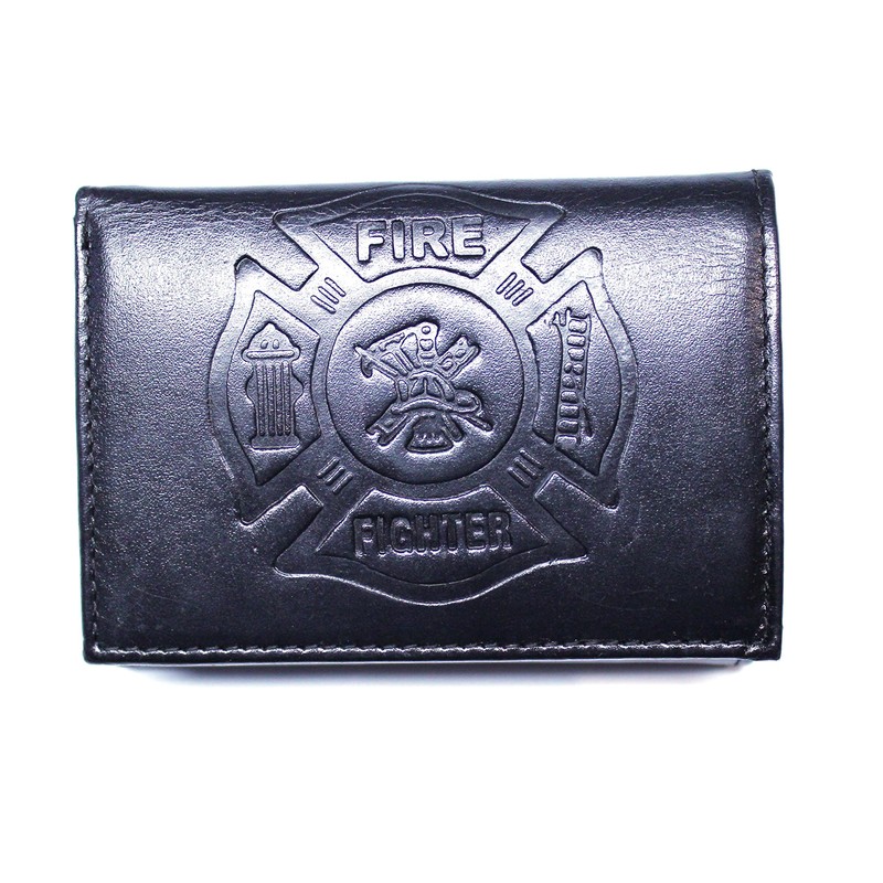 Fire Fighter Embossed Leather Trifold Wallet - Black
