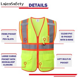 LaienSafety Hi Vis Reflective Safety Vest for Men Women Class 2 Mesh High Visibility Vest with Pockets and Zipper Front,Meets ANSI/ISEA Standards(EK1-178-Yellow-L)