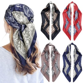 QBSM 4 Pcs 35'' Satin Head Scarf Silk Feeling Neck Scarves Hair Wrap for Sleeping Large Square Headscarf for Women
