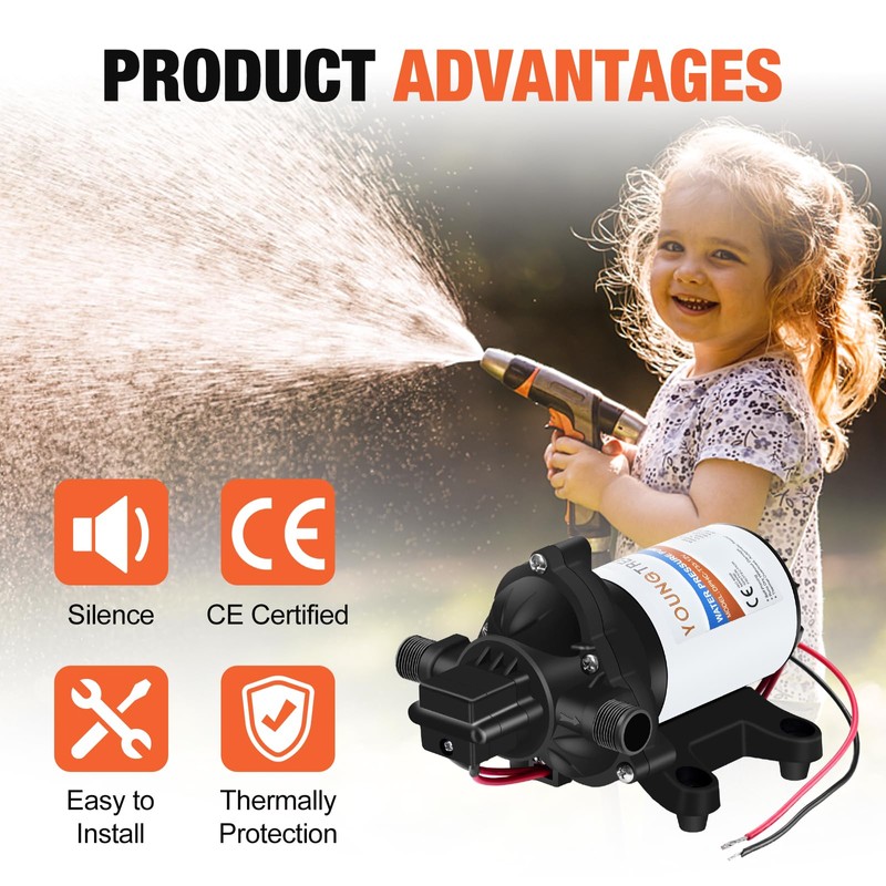 YOUNGTREE 12V DC RV Water Diaphragm Pump 3.5 GPM 45PSI,