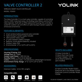 YoLink Wireless Smart Valve Control Kit, 3/4" Brass Motorized Valve, Wireless Controller 2, LoRa Long Range, D2D Offline with Leak Sensors, 12V Adapter with 2 Years Battery Backup