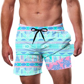 Cozople Men's Swim Trunks with Compression Liner 5.5 inch Lightweight Swimming Shorts National Style Totem Print Bathing Suit 2 in 1 Inner Outer Print Board Shorts XL Retro Blue