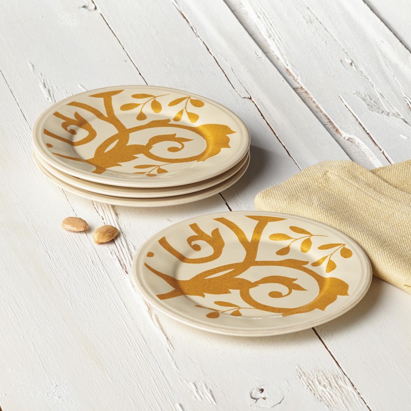 Rachael Ray Dinnerware Gold Scroll 4-Piece Round Appetizer Plate Set,