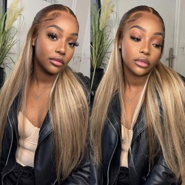 Ombre Highlight Ash Blonde Lace Front Wigs Human Hair 13x4 HD Straight Lace Front Wigs Human Hair Pre Plucked Balayage Glueless 180% Density Wig Human Hair Brown Roots Highlight Human Hair Wig 24 Inch