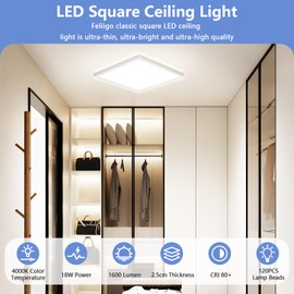 LED Ceiling Light Living Room 4000K-18W-1600LM, IP44 Waterproof Modern Simple Ultra Thin Lamp for Bedroom, Bathroom, Hallway, Balcony, Kitchen, Cellar - 22 cm, Square